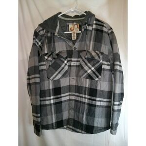 Vintage Ocean Pacific Quilted Flannel Shirt Jacket Hooded‎ Plaid Gray Black S